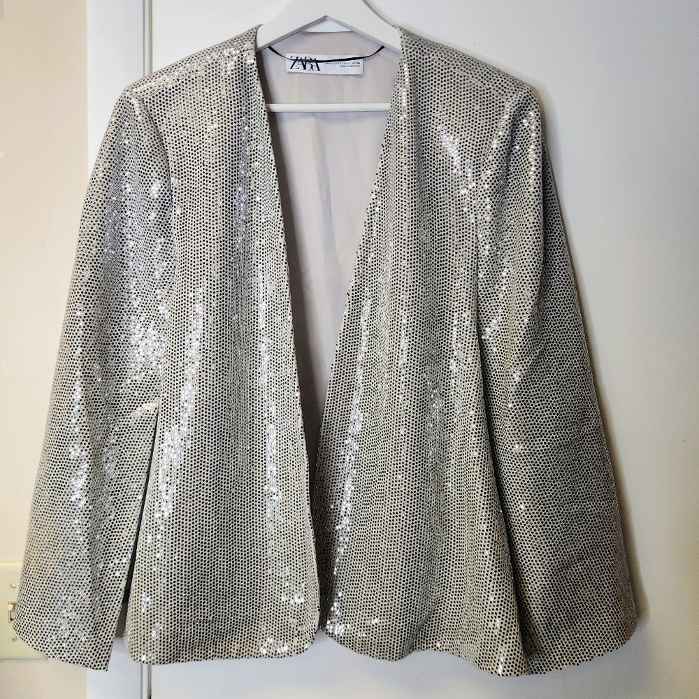 ZARA Silver Sequin Cape Blazer Jacket Metallic Size L - Picture 4 of 14